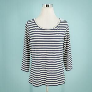 Max Mara Weekend Size Medium M Blue White Stripe Print Crew Scoop 3/4 Sleeve Top